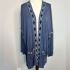 Sz L Pol slate blue embroidered open front top long sleeve dolman side slit